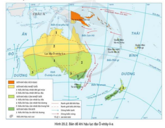 Dựa vào lược đồ khí hậu lục địa Ô-xtrây-li-a khí hậu nhiệt đới phân bố chủ yếu ở đâu? (ảnh 1)