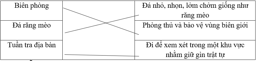 Nối các từ ngữ với nghĩa của chúng.Biên phòngĐá nhỏ, nhọn, lởm chởm giống như răng mèoĐá răng mèoPhòng thủ và bảo vệ vùng biên giớiTuần tra địa bànĐi để xem xét trong một khu vực nhằm giữ gìn (ảnh 1)