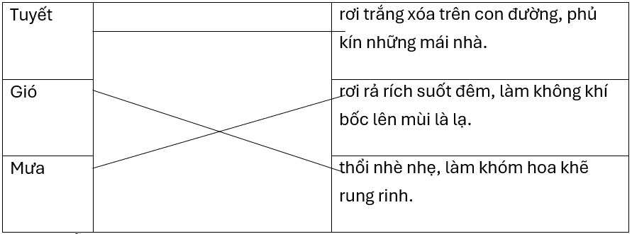 Nối để tạo thành câu.Tuyếtrơi trắng xóa trên con đường, phủ kín những mái nhà.Giórơi rả rích suốt đêm, làm không khí bốc lên mùi là lạ.Mưathổi nhè nhẹ, làm khóm hoa khẽ rung rinh. (ảnh 1)