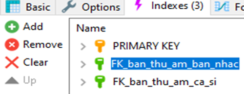 Câu 14. Trong CSDL music ở bảng ban_thu_am trong thẻ Indexes đang được hiết lập như hình dưới đây, em hãy quan sát hình và cho biết để xoá bỏ hết cùng lúc các thiết lập khoá trong thẻ Indexes ta nháy chuột vào nút nào?   A. Nháy nút Add. (ảnh 1)