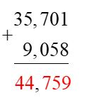 Điền số thích hợp vào ô trống\(\begin{array}{l} + \underline \begin{array}{l}35,701\\\,\,\,9,058\end{array} \\\,\,\,\,....,......\end{array}\) (ảnh 2)