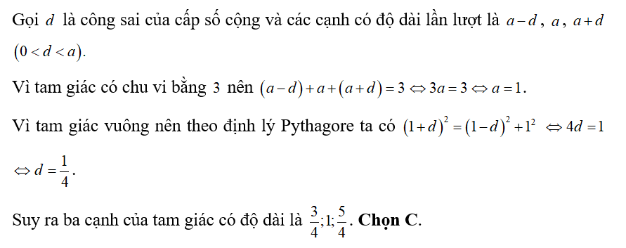 Một tam giác vuông có chu vi bằng \(3\) và độ dài các cạnh lập thành một cấp số cộng (ảnh 1)