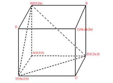 Cho hình hộp chữ nhật \(ABCD.A'B'C'D'\) có \(AB = AA' = 2a,AD = 4a.\) Với \(a = 3\) (ảnh 1)