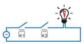 Câu 12. Cho mạch điện với 2 rơ le K1 và K2. Mạch điện sau thực hiện phép toán logic nào?   A. Mạch logic AND. B. Mạch logic OR. (ảnh 1)