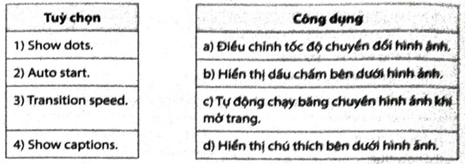 Ghép mỗi tuỳ chọn của công cụ Images carousel ở cột bên trái với PHÍA công dụng ở cột bên phải cho phù hợp. (ảnh 1)