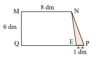 Câu 9. Điền số thích hợp vào ô trống  Một hình thang vuông MNPQ có chiều cao là 6 dm, đáy nhỏ là 8 dm và đáy lớn bằng \(\frac{5}{4}\) đáy bé. Người ta tô màu hình tam giác NPE. Vậy diện tích hình thang MNEQ là: ……….… dm2 (ảnh 1)