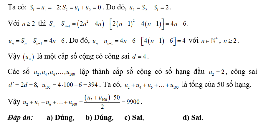 Cho dãy số \(\left( {{u_n}} \right)\) có tổng \(n\) số hạng đầu được tính bởi công thức \({S_n} = 2{n^2} - 4n\). (ảnh 1)