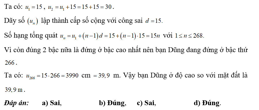 Một cầu thang lên một đỉnh tháp có 268 bậc, độ cao của bậc thứ nhất (bậc thấp nhất) so với mặt đất là 15 cm. Từ bậc thứ (ảnh 1)