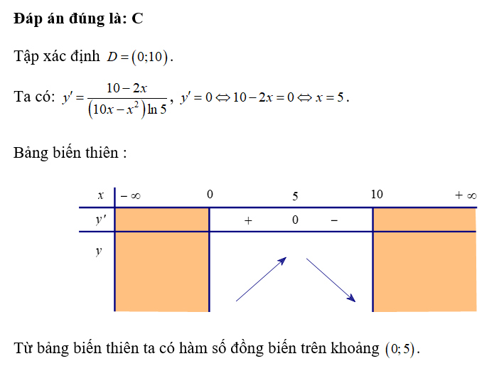 Hàm số y = log 5 ( 10x - x^2 ) đồng biến trên khoảng nào trong các khoảng dưới đây? (ảnh 1)