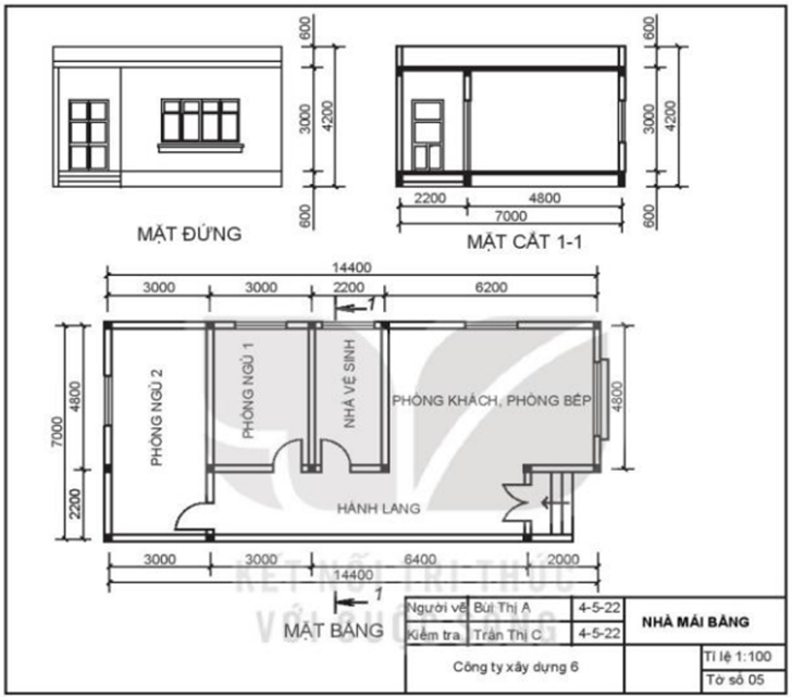 Câu 3 (1 điểm) Em hãy đọc khung tên và hình biểu diễn của bản vẽ nhà sau: (ảnh 1)