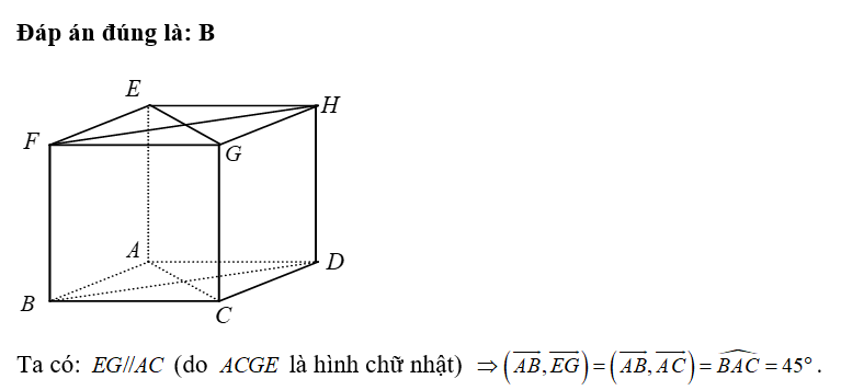 Cho hình lập phương ABCD.EFGH. Hãy xác định góc giữa cặp vectơ AB và EG ? (ảnh 1)