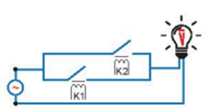 Câu 12. Cho mạch điện với 2 rơ le K1 và K2. Mạch điện sau thực hiện phép toán logic nào?   A. Mạch logic AND.  (ảnh 1)