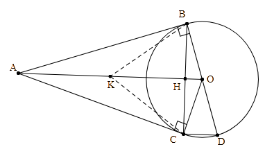 Chứng minh bốn điểm A,B,O,C cùng thuộc một đường tròn (ảnh 1)