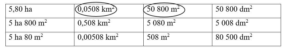 Khoanh tròn vào các số đo diện tích bằng 5,08 ha? (ảnh 1)