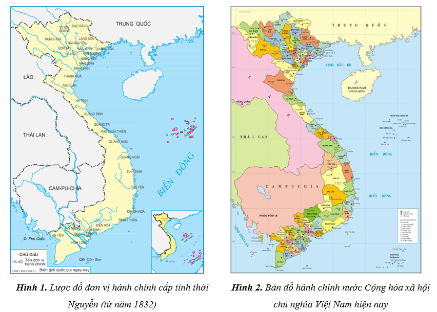 b) Quan sát lược đồ đơn vị hành chính cấp tỉnh thời Nguyễn (từ năm 1832) và bản đồ hành chính Việt Nam hiện nay, anh/ chĩ hãy: so sánh về cách phân chia và tên gọi đơn vị hành chính cấp tỉnh (ảnh 1)