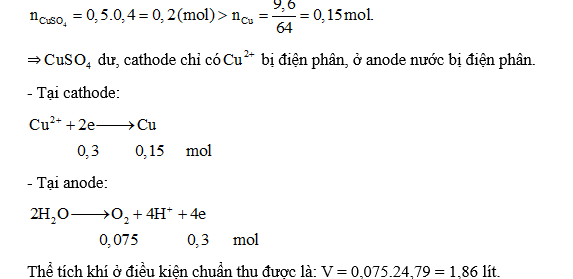 Điện phân 500 mL dung dịch  0,4M (điện cực trơ) cho đến khi ở cathode thu được 9,6 gam kim loại thì thể tích khí (đkc) thu được ở anode là bao nhiêu lít? (Làm tròn kết quả đến hàng phần trăm). (ảnh 1)