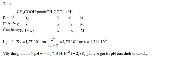 Giá trị pH của dung dịch CH3COOH 0,1 M gần nhất với giá trị pH của (ảnh 1)