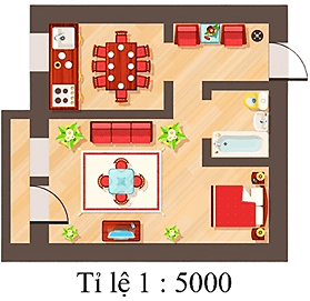 Ngôi nhà trên được vẽ với tỉ lệ nào? Tỉ lệ đó cho ta biết điều gì? (ảnh 1)