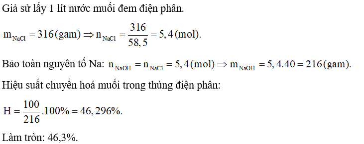 Hiệu suất chuyển hoá muối trong thùng điện phân là bao nhiêu phần trăm?  (Làm tròn kết quả đến hàng phần mười). (ảnh 1)