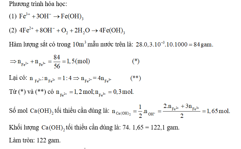 Cần tối thiểu bao nhiêu gam   để kết tủa hoàn toàn lượng sắt trong   mẫu nước trên? (Làm tròn kết quả đến hàng đơn vị) (ảnh 2)