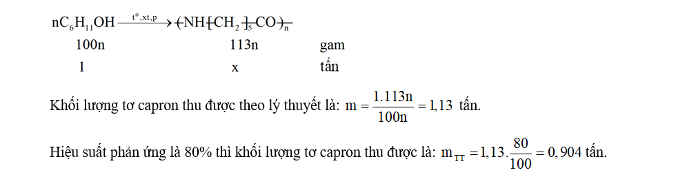 d). Nếu hiệu suất chuyển hoá từ cyclohexanol đến capron là 80% thì cứ 1 tấn cyclohexanol thu được 0,92 tấn tơ capron. (ảnh 1)