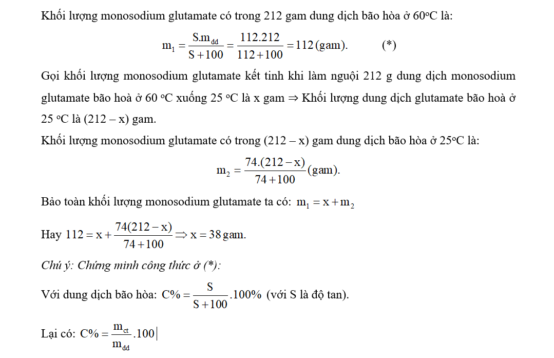 Khối lượng monosodium glutamate kết tinh khi làm nguội 212 g dung dịch monosodium glutamate bão hoà ở 60 oC xuống 25 oC là bao nhiêu gam? (ảnh 1)