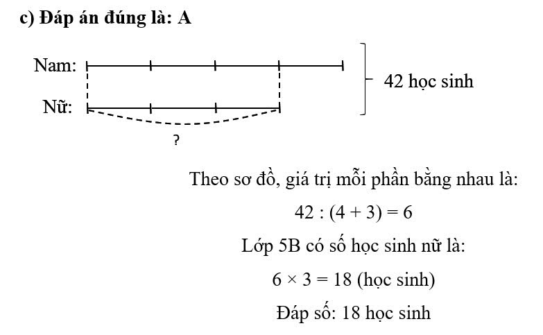 c) Lớp 5B có tất cả 42 học sinh. Số học sinh nam bằng   số học sinh nữ. Vậy lớp 5B có số học sinh nữ là:  (ảnh 1)