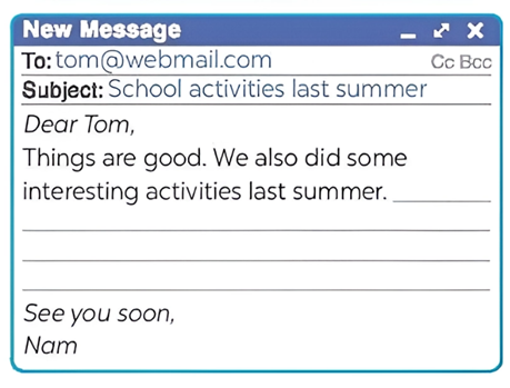 28. You are Nam. Now write an email of about 70 words to Tom about your school activities last summer. Start your email as shown below.  (ảnh 1)