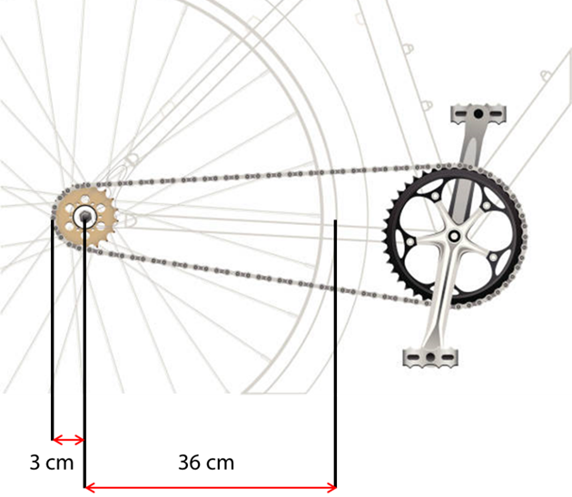 Một xe đạp có bán kính líp xe là 3 cm, bán kính bánh xe là 36 cm. Phát biểu nào dưới đây là đúng? (ảnh 1)