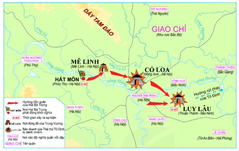 Lược đồ sau đây thể hiện diễn biến chính của cuộc khởi nghĩa nào ở Việt Nam dưới thời Bắc thuộc? (ảnh 1)