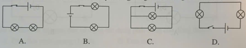 Sơ đồ mạch điện nào dưới đây không đúng về hai bóng đèn mắc nối tiếp? (ảnh 1)