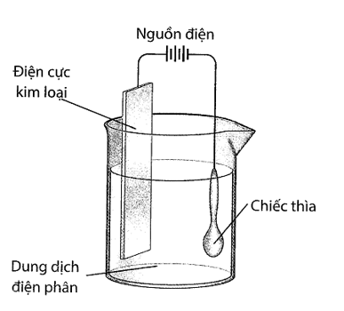 Sử dụng thiết bị sau với dòng điện một chiều, thực hiện mạ một chiếc thìa bằng kim loại như hình bên dưới: (ảnh 1)