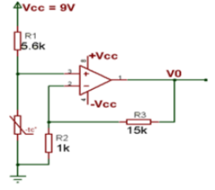 Mạch điện trong hình dùng Ni-100 có hoạt động là:                                                                  A. Khi nhiệt độ tăng thì VO không đổi B. Khi nhiệt độ tăng thì VO giảm C. Khi nhiệt độ tăng thì VO tăng D. Khi nhiệt độ tăng thì VO = 0 (ảnh 1)