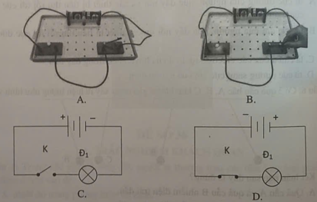 Sơ đồ mạch điện nào sau đây biểu diễn mạch điện gồm: một bộ nguồn điện, một công tắc K ở trạng thái đóng và một bóng đèn dây tóc? (ảnh 1)