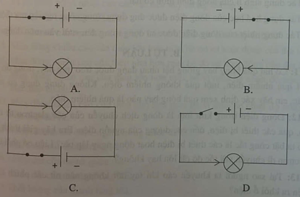 Mạch điện nào sau đây biểu diễn không đúng chiều dòng điện trong mạch điện? (ảnh 1)