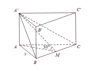 Cho lăng trụ đều \(ABC.A'B'C'\). Biết rằng góc nhị diện \(\left[ {A,BC,A'} \right]\) có số đo bằng \(30^\circ \), tam giác  (ảnh 1)