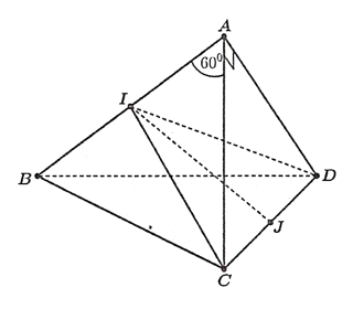 Cho tứ diện \(ABCD\) có \(AB = AC = AD = 1\) và \(\widehat {BAC} = \widehat {BAD} = 60^\circ ,\widehat  (ảnh 1)