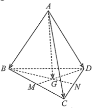 Cho tứ diện \(ABCD\). Gọi \(M,N\) lần lượt là trung điểm của \(BC,CD\) và \(G\) là trọng tâm của tam giác \(BCD\). Phát biểu nào sau đây sai? (ảnh 1)
