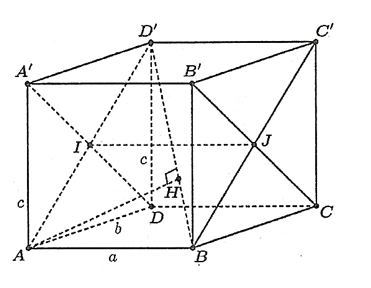 Cho hình hộp chữ nhật \(ABCD.A'B'C'D'\) có \(AB = a,AD = b,AA' = c\). (ảnh 1)