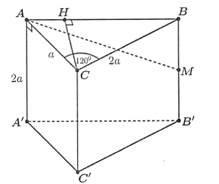 Cho lăng trụ đứng \(ABC.A'B'C'\) có \(AC = a,BC = 2a,\widehat {ACB} = 120^\circ \). Gọi \(M\) là trung điểm của \(BB'\). (ảnh 1)