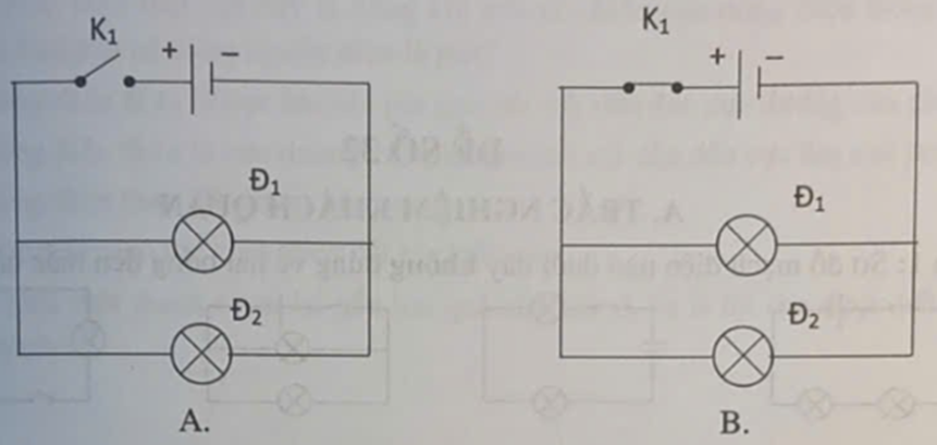 Mạch điện nào sau đây biểu diễn mạch điện gồm 1 nguồn điện, 2 bóng đèn mắc nối tiếp, (ảnh 1)