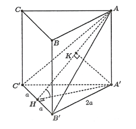 Cho hình lăng trụ tam giác đều \(ABC.A'B'C'\) có cạnh đáy bằng \(2a\), khoảng cách từ điểm \(A'\) đến mặt  (ảnh 1)