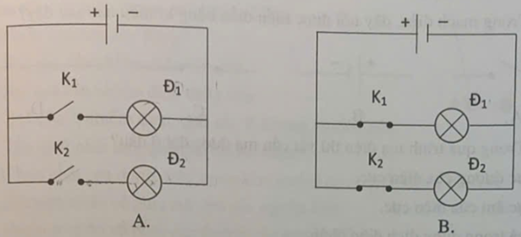 Mạch điện nào sau đây biểu diễn mạch điện gồm 1 nguồn điện, 2 bóng đèn mắc song song, (ảnh 1)