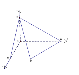 Trong không gian \(Oxyz\), cho hình chóp \(S.ABCD\) có đáy \(ABCD\) là hình thang vuông tại \(A\left( {0;0;0} (ảnh 1)