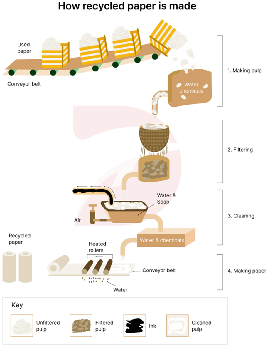 The diagram illustrates how recycled paper is made.  Summarise the information by selecting and reporting the main features, and make comparisons where relevant. Write at least 150 words. (ảnh 1)