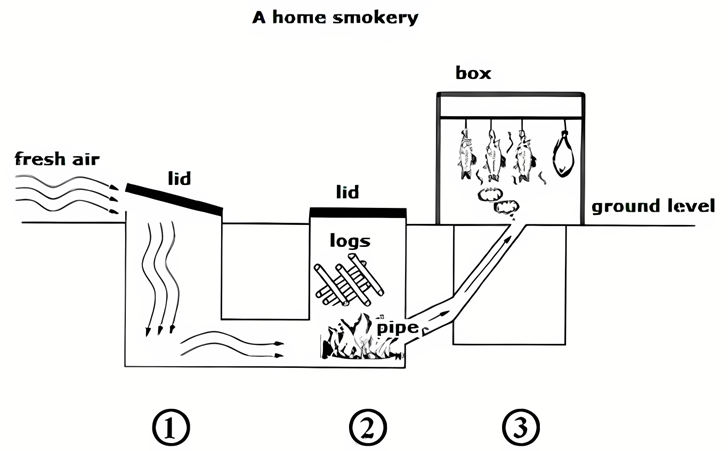 Smoked foods are popular worldwide because of their special flavor and their long life. The diagram below shows the structure of a home smokey and how it is used. Summarise the information by selecting and reporting the main features, and make comparisons where relevant. Write at least 150 words. (ảnh 1)