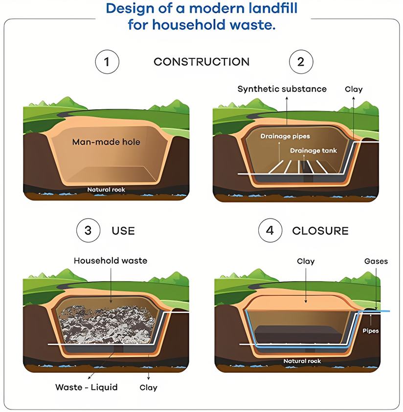 The diagram below shows how a modern landfill for household waste is designed. Summarise the information by selecting and reporting the main features, and make comparisons where relevant. Write at least 150 words. (ảnh 1)