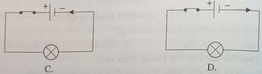 Trong các sơ đồ mạch điện dưới đây, sơ đồ nào mô tả đúng chiều dòng điện trong mạch? (ảnh 2)