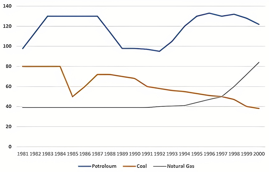 The graph below shows the production levels of main fuels in a European country from 1981 to 2000.  Summarise the information by selecting and reporting the main features, and make comparisons where relevant. Write at least 150 words. (ảnh 1)