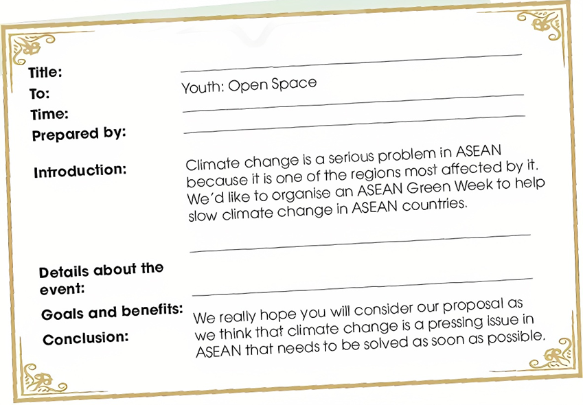 Write a proposal (120-150 words) to Youth: Open Space for a youth event to slow climate change in ASEAN countries. Use the following notes and outline to help you. (ảnh 1)